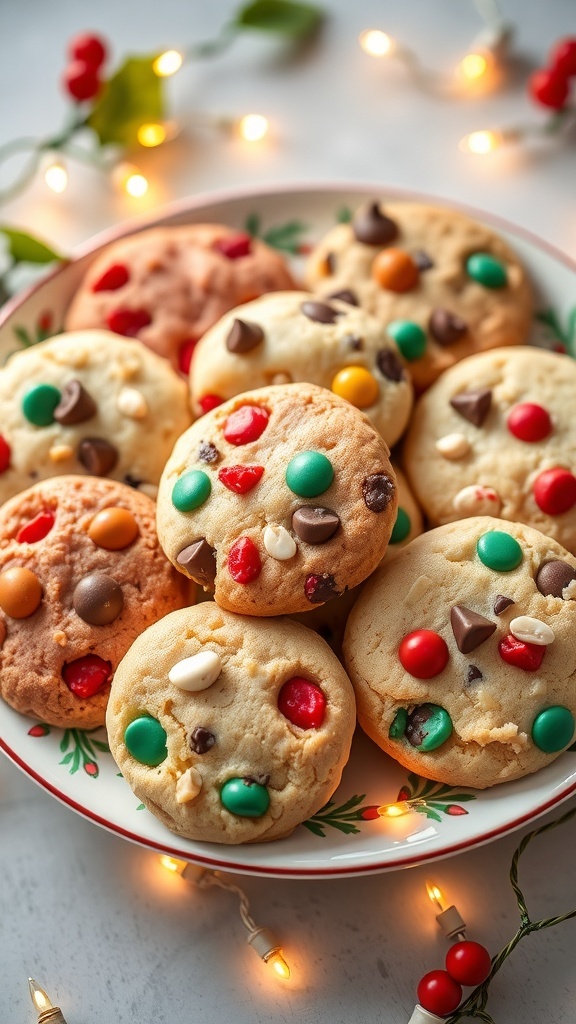 A plate of assorted Christmas cookies with chocolate chips, nuts, and dried fruits, decorated for the holidays.
